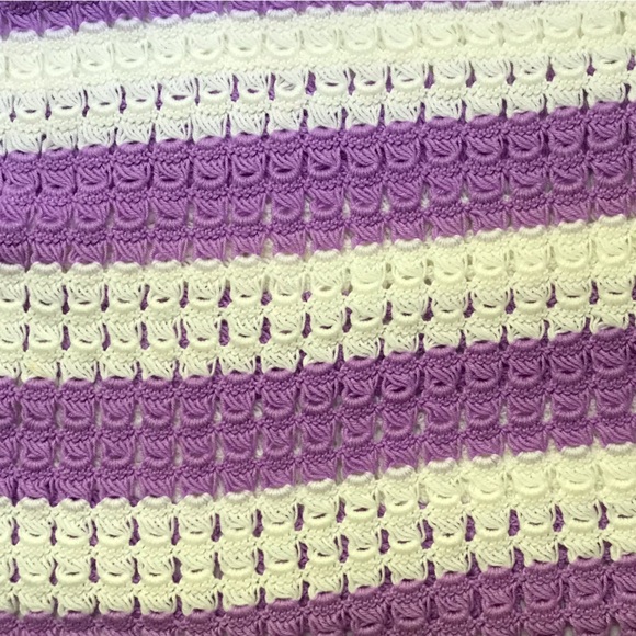Vintage Handmade Crochet Purple/White Striped Throw - Picture 3 of 3